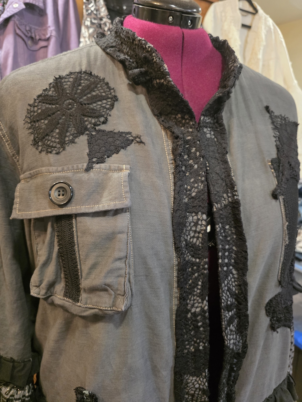 Lace-Trim Utility Jacket in Gray